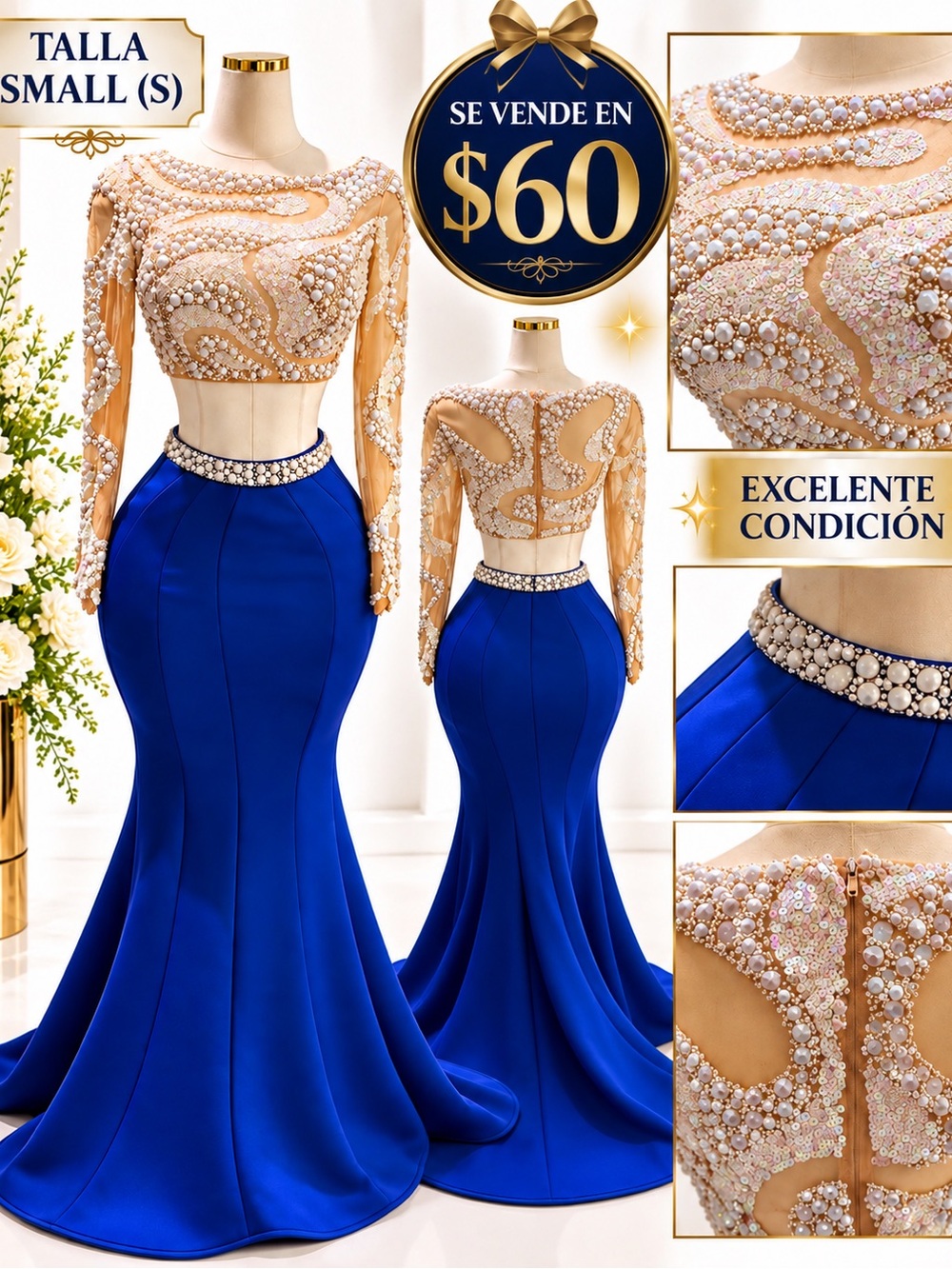 Nameless Royal Blue Mermaid Gown with Nude Beaded Bodice